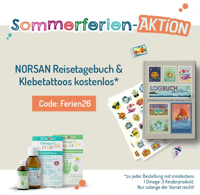 NORSAN Reisetagebuch & Klebetattoos kostenlos* Code: Ferien26 *zu jeder Bestellung mit mindestens 1 Omega-3 Kinderprodukt. Nur solange der Vorrat reicht!