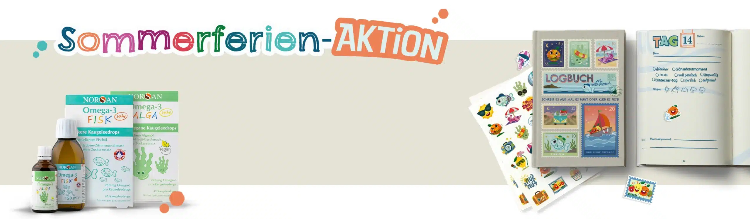 NORSAN Reisetagebuch & Klebetattoos kostenlos* Code: Ferien26 *zu jeder Bestellung mit mindestens 1 Omega-3 Kinderprodukt. Nur solange der Vorrat reicht!